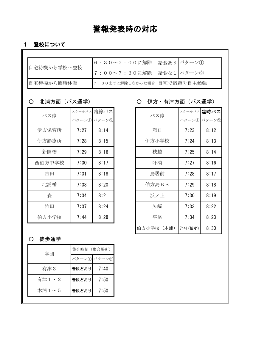 時刻表（警報発表時の対応含）Ｒ７.pdfの1ページ目のサムネイル